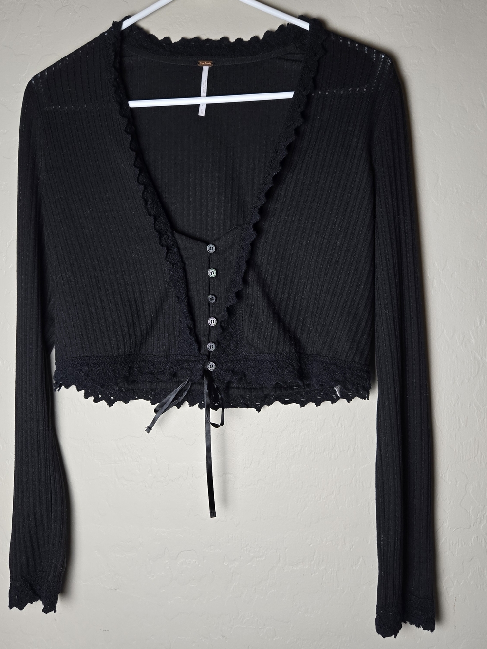 Free People Crop Top Long Sleeve Black Ribbed Lace-Trim Size XS Whimsigoth